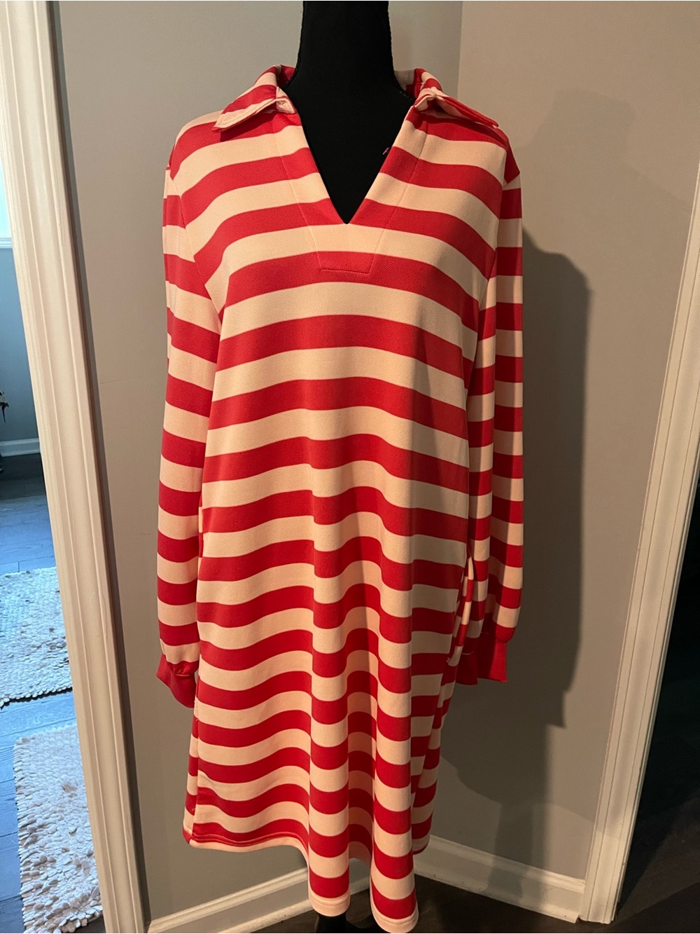 Striped coral and pink V-Neck Long Sleeve Dress